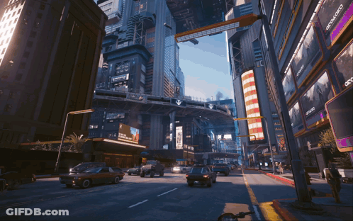 Futuristic City With Purple Sign Saying A GIF
