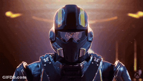 Futuristic Soldier With Helmet Goggles And Letter R GIF