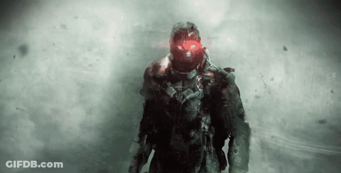 Futuristic Soldier With Red Eyes And Helmet GIF