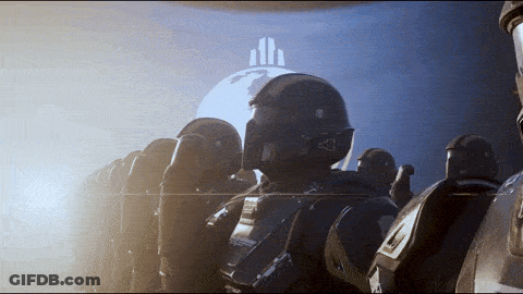 Futuristic Soldiers Standing In Front Of Globe GIF