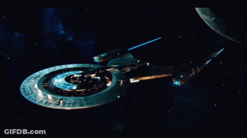 Futuristic Spaceship Flying In Night Sky With Planet GIF