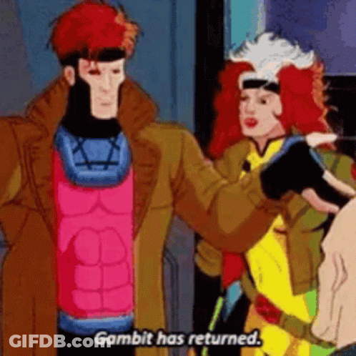 Gambit And Rogue From The X-Men Are Standing Next To Each Other . GIF