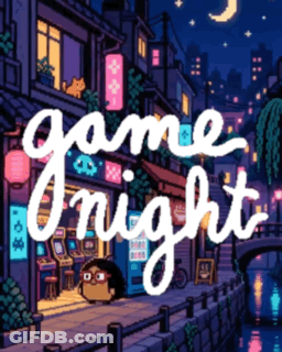 Game Night Poster With Cartoon Character In Front Of Store GIF