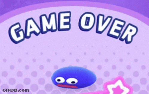 Game Over Sign With Blue Cartoon Character GIF