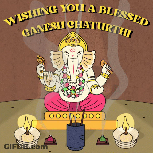 Ganesh Chaturthi Cartoon With Candles And Incense GIF