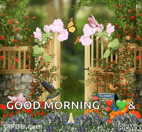Garden With Flowers And Butterflies Saying Good Morning GIF