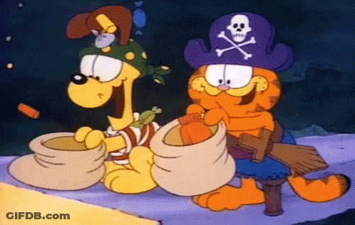 Garfield And Slinky Dressed As Pirates Eating Carrots GIF