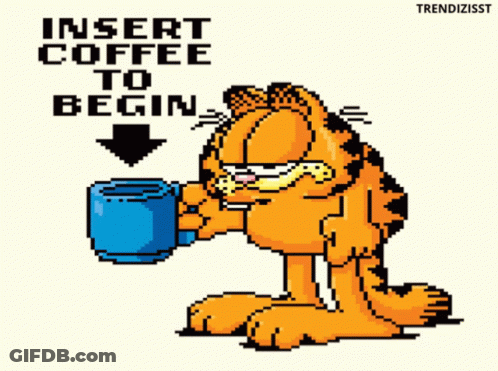 Garfield Holding A Cup Of Coffee With The Words Insert Coffee To Begin GIF
