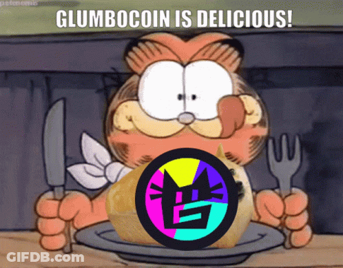 Garfield Holding Knife And Fork Eating Doge Coin Says Glumbocoin Is Delicious GIF