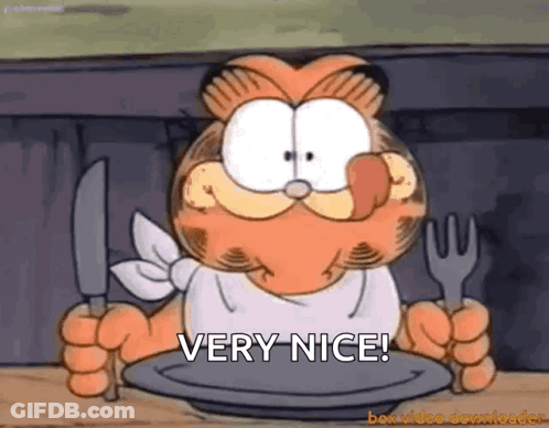 Garfield Holding Knife And Fork Saying Very Nice GIF