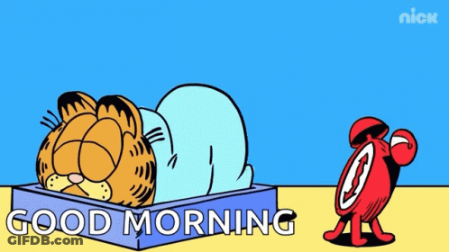 Garfield In Box With Red Alarm Clock Saying Good Morning GIF
