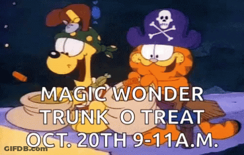 Garfield In Pirate Hat Advertising Magic Wonder Trunk O Treat October 20Th GIF