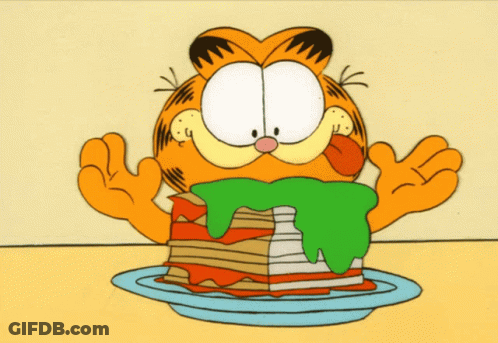 Garfield Is Eating A Stack Of Pancakes On A Blue Plate GIF