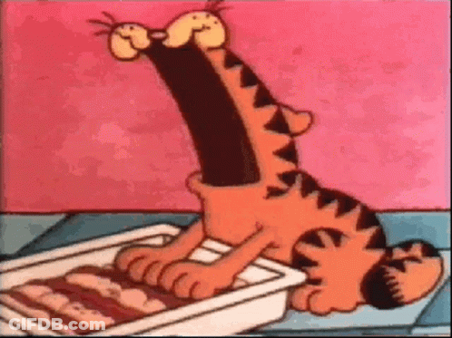 Garfield Is Eating Bacon From A Pan . GIF