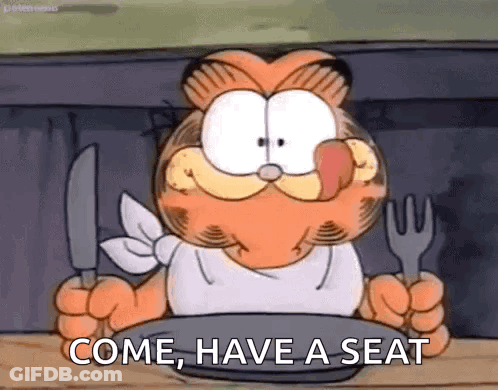 Garfield Is Holding A Knife And Fork And A Plate Of Food . GIF