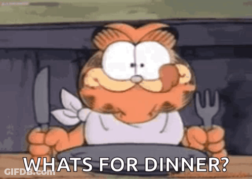 Garfield Is Holding A Knife And Fork And Asking What 'S For Dinner ? GIF
