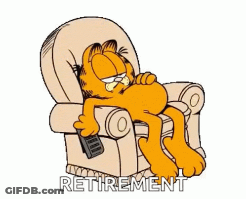 Garfield Is Laying In A Chair Holding A Remote Control And Says `` Retirement '' . GIF