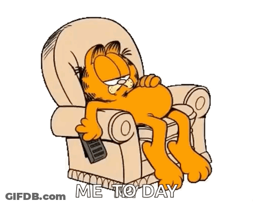 Garfield Is Laying In A Chair Holding A Remote Control With The Words Me To Day Below Him GIF