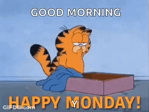 Garfield Is Laying On A Box And Saying `` Good Morning Happy Monday ! '' GIF