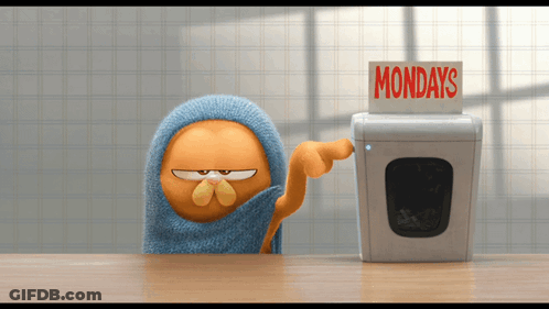 Garfield Is Wrapped In A Towel And Pointing At A Washing Machine That Says Mondays GIF
