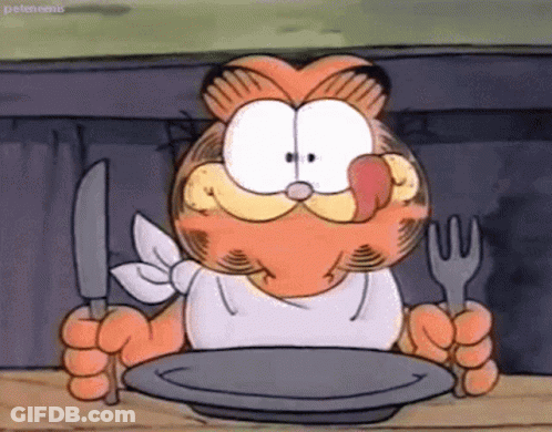 Garfield Licking Lips Holding Knife And Fork GIF