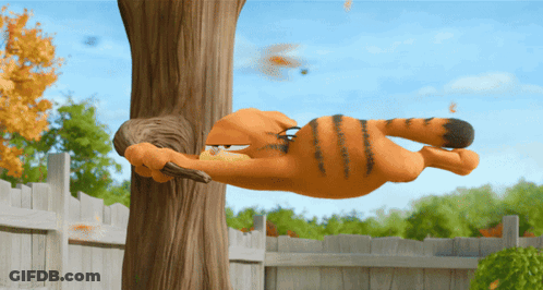 Garfield Lying On Tree Trunk With Squirrel GIF