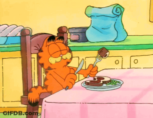 Garfield Sitting At Table With Plate, Knife And Fork GIF