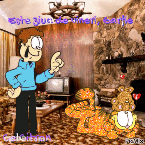 Garfield Standing Next To Man In Blue Shirt GIF