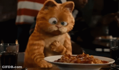Garfield The Cat Is Sitting At A Table With A Plate Of Food GIF