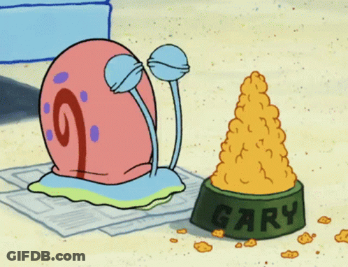 Gary Sitting On Newspaper Next To Bowl Of Food GIF