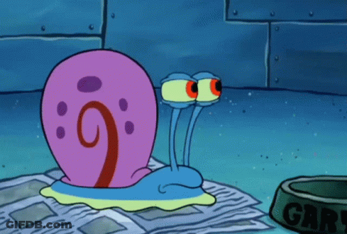 Gary The Snail From Spongebob Squarepants Is Laying On A Newspaper Next To A Dog Bowl GIF