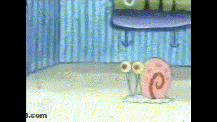 Gary The Snail From Spongebob Squarepants Is Standing In A Room With A Blue Wall . GIF