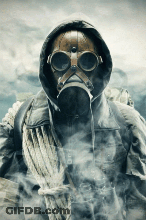 Gas Mask Metal Cage White Smoke GIF