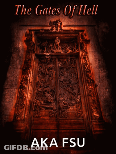 Gates Of Hell Poster With Flaming Doorway GIF