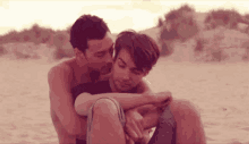 Gay Love Romantic Couple Bag Hug Kiss GIF