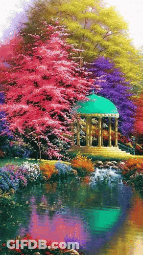 Gazebo Surrounded By Flowers And Trees GIF