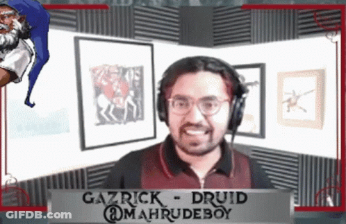 Gazrick Druid Smiling In Front Of Mahrudeboy Sign GIF