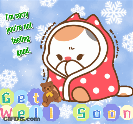 Get Well Soon Card Cat Wrapped In Blanket With Teddy Bear GIF