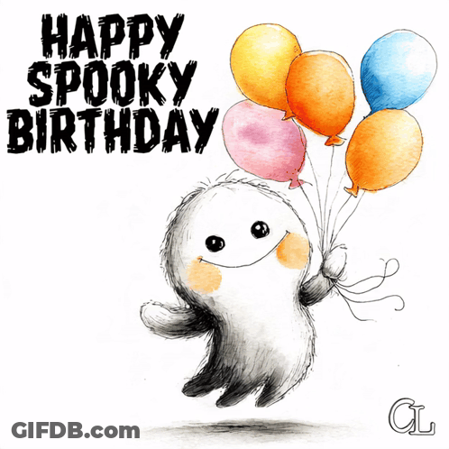 Ghost Holding Balloons Happy Spooky Birthday GIF