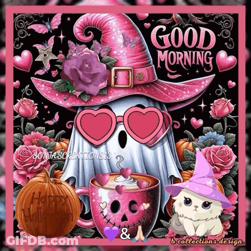 Ghost In Witch Hat And Glasses With Coffee GIF
