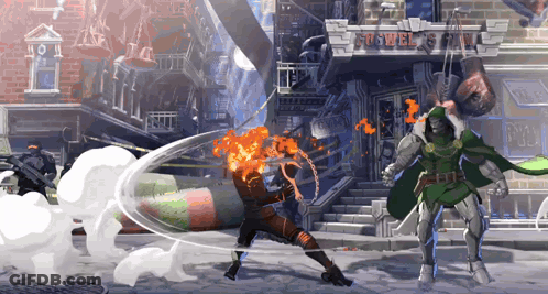 Ghost Rider And Doctor Doom Are Fighting In Front Of A Building That Says Swel GIF