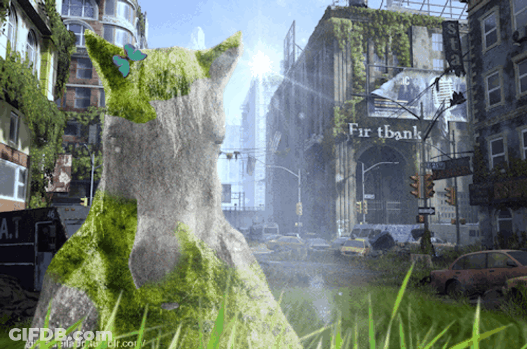 Ghost Town With Buildings Covered With Vegetation GIF