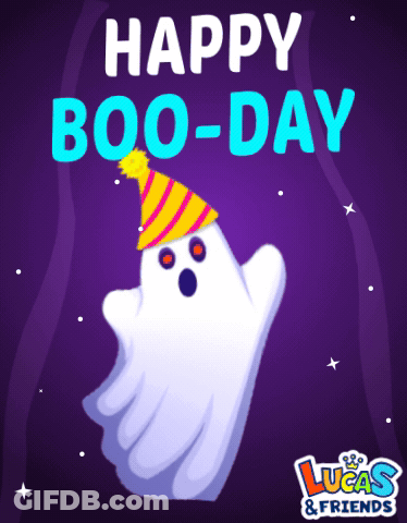Ghost Wearing Party Hat Saying Happy Boo-Day GIF