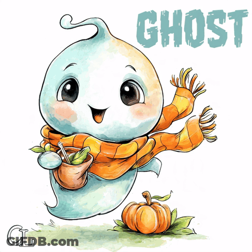 Ghost Wearing Scarf Holding Pumpkin With Ghost GIF