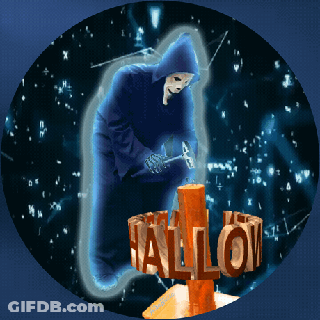 Ghost With Hammer Next To Halloween Sign GIF