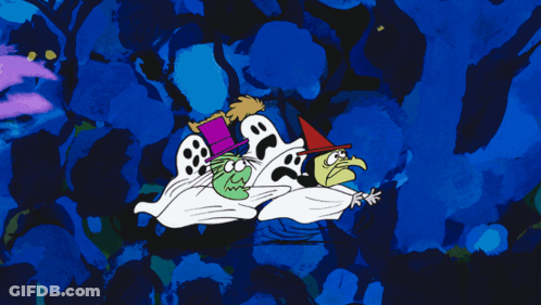 Ghosts And Witch In Pumpkin Patch Blue Background GIF