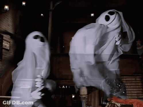 Ghosts Standing In Front Of Cafe Sign GIF