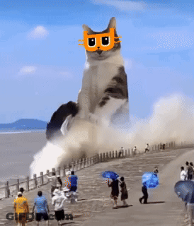 Giant Cat Wearing Sunglasses On Sandy Beach GIF