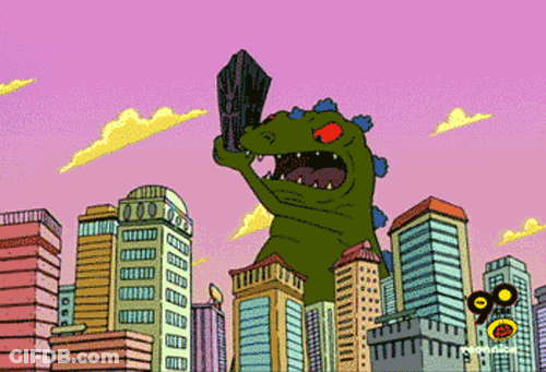 Giant Dinosaur Holding Sword Over City With 90 GIF
