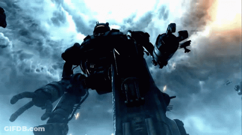 Giant Robot Flying With Another Robot GIF